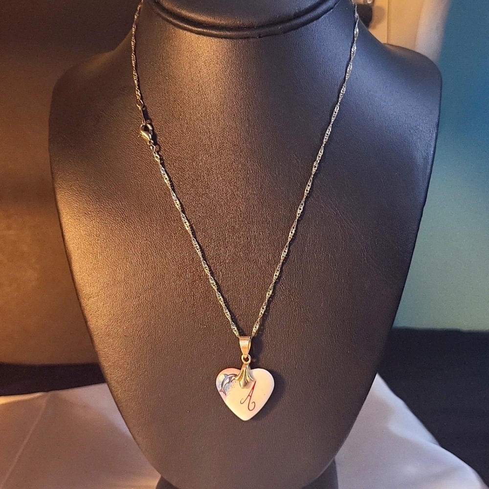 22. Vintage Heart Dolphin & Initial "A" Necklace on Singapore Chain, 16"